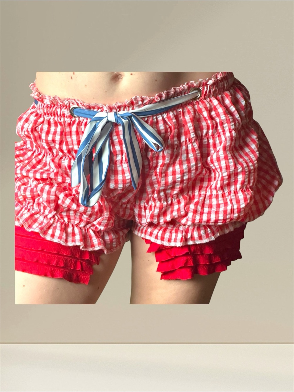 Kawaii July 4th bloomers Red Gingham Ruffle Shorts with Blue Bow sz L to XL